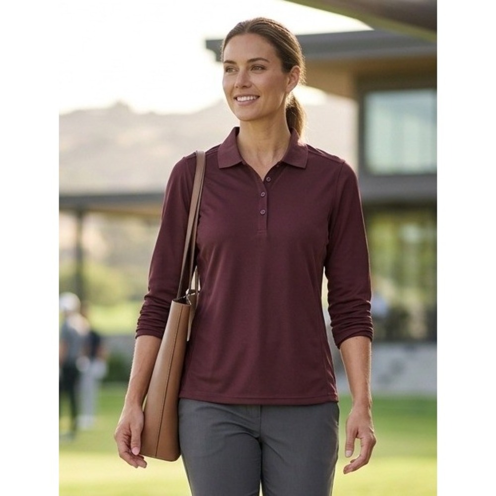 Clique Long Sleeve Performance Polo Shirt Womens XL Burgundy Mesh Pique LQK00068